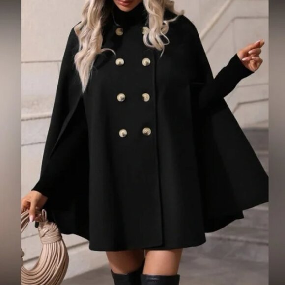 Kara And Kate 🌷 Womens Gorgeous Black Luxe Button Up Double Breasted Cape 🌷 - Picture 1 of 16